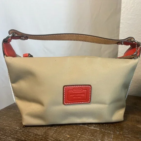 Vintage Coach Hampton Khaki Nylon & Red Orange Leather Mini Bag - Picture 2 of 7